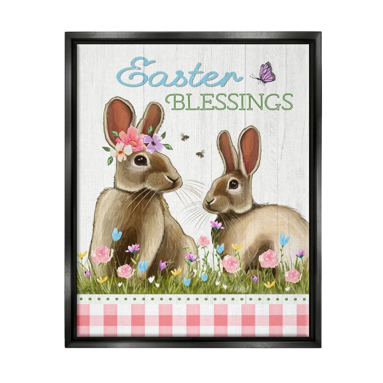 Stupell Industries Easter Blessings Gingham Spring Bunnies Floater Framed Art